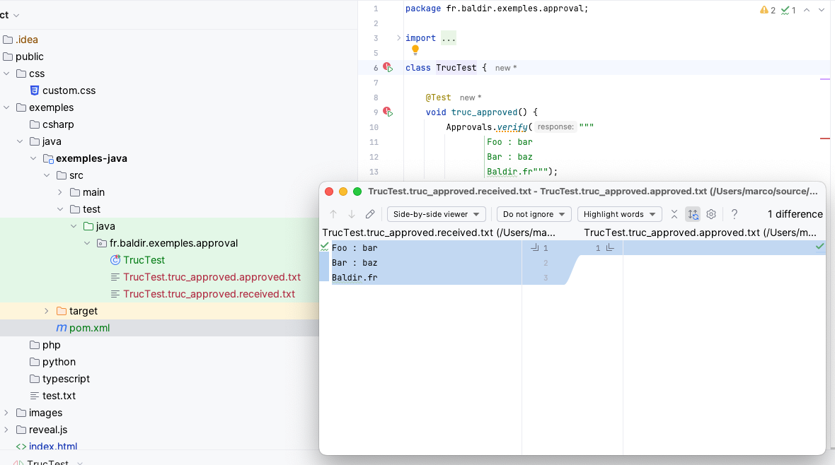 java approvals 01 diff tool and approved received after running test first time